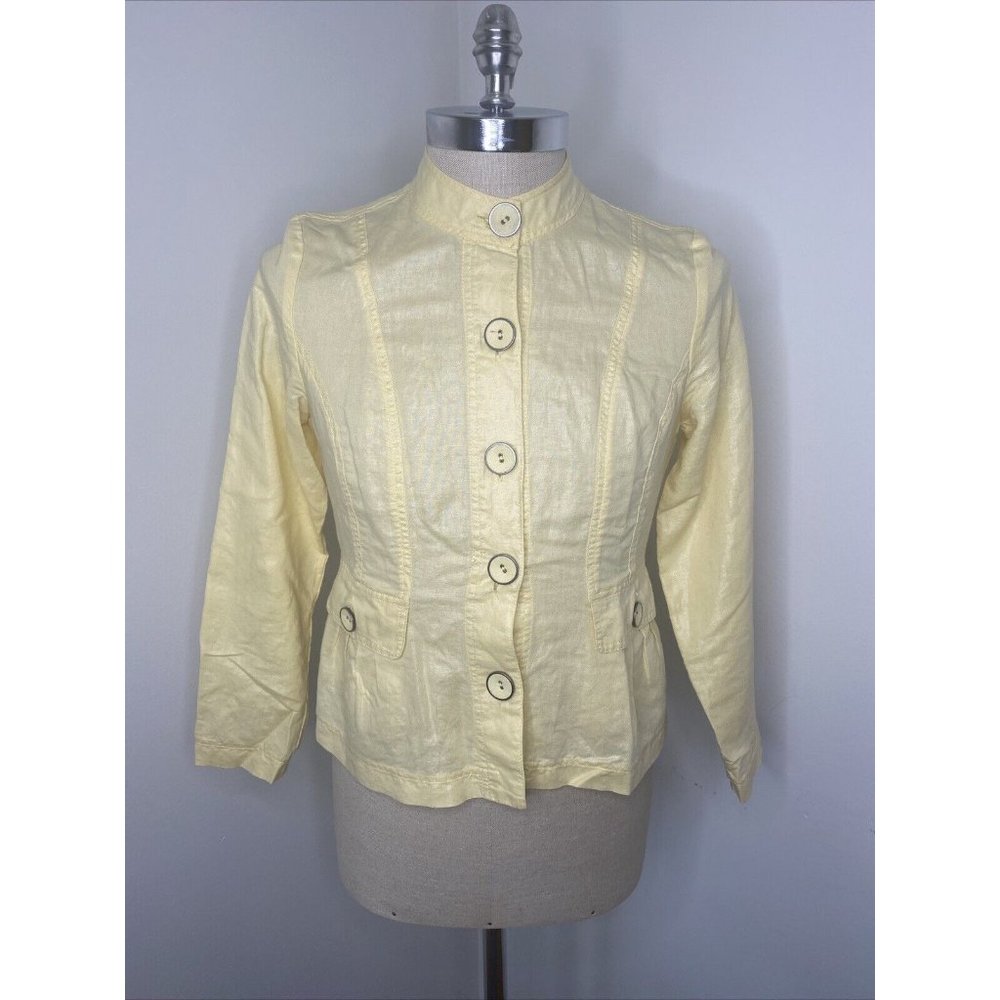 Chico's Women’s Linen Jacket Sz 0 S Yellow Blazer Pockets Button Peplum